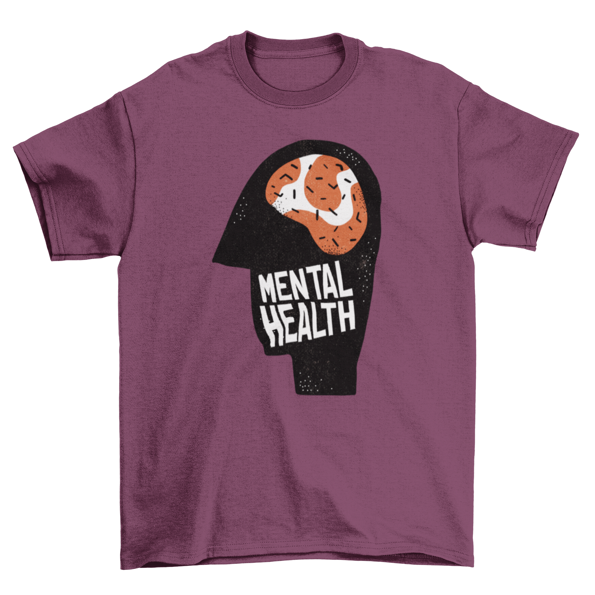 Mental health awareness t-shirt featuring a brain illustration in a head silhouette with the caption 'Mental Health'.
