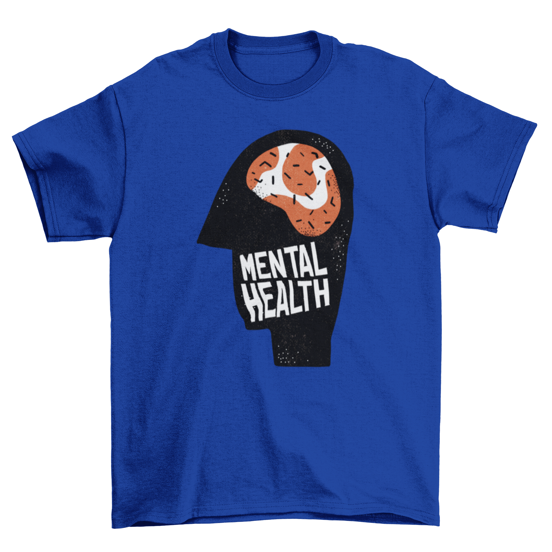 Mental health awareness t-shirt featuring a brain illustration in a head silhouette with the caption 'Mental Health'.