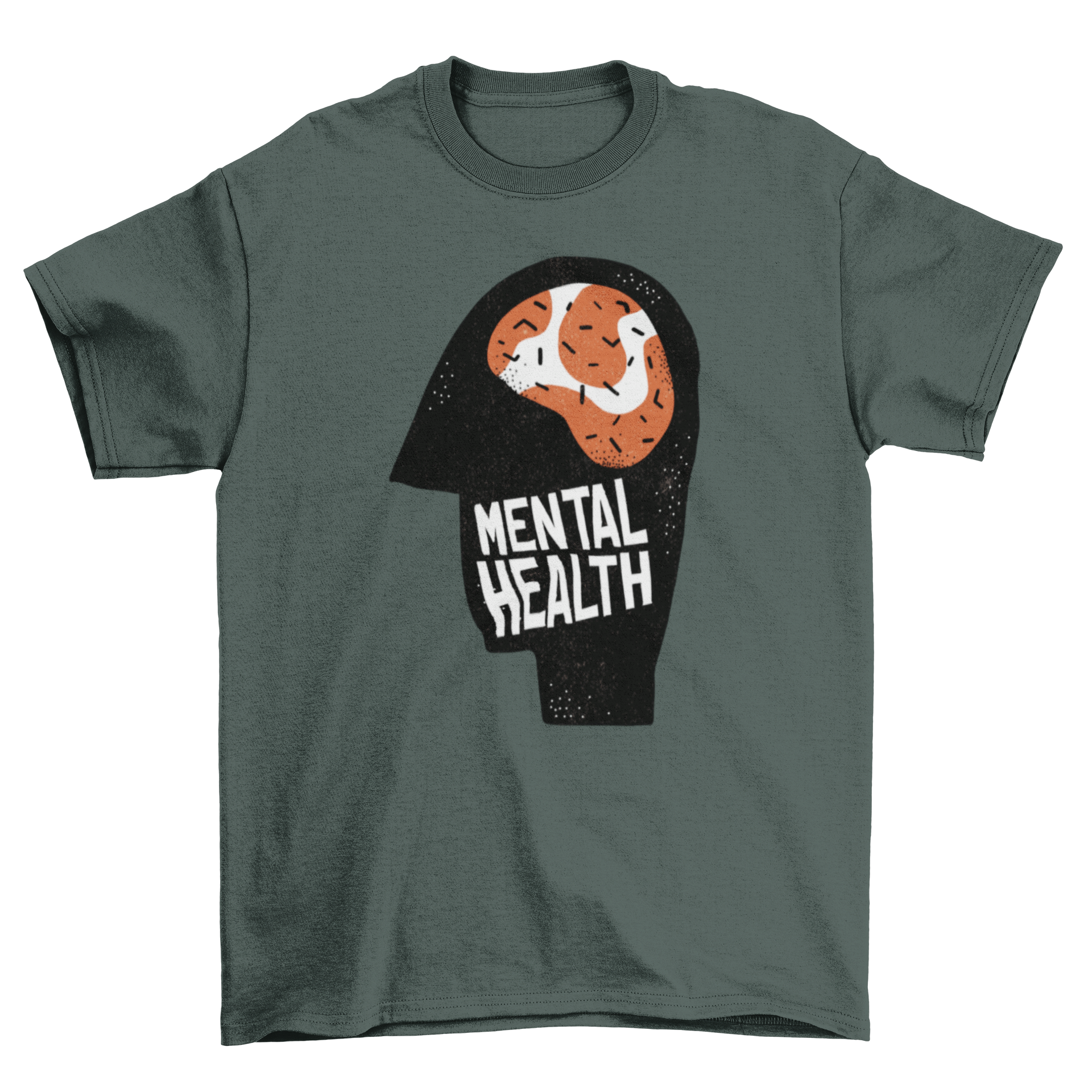 Mental health awareness t-shirt featuring a brain illustration in a head silhouette with the caption 'Mental Health'.