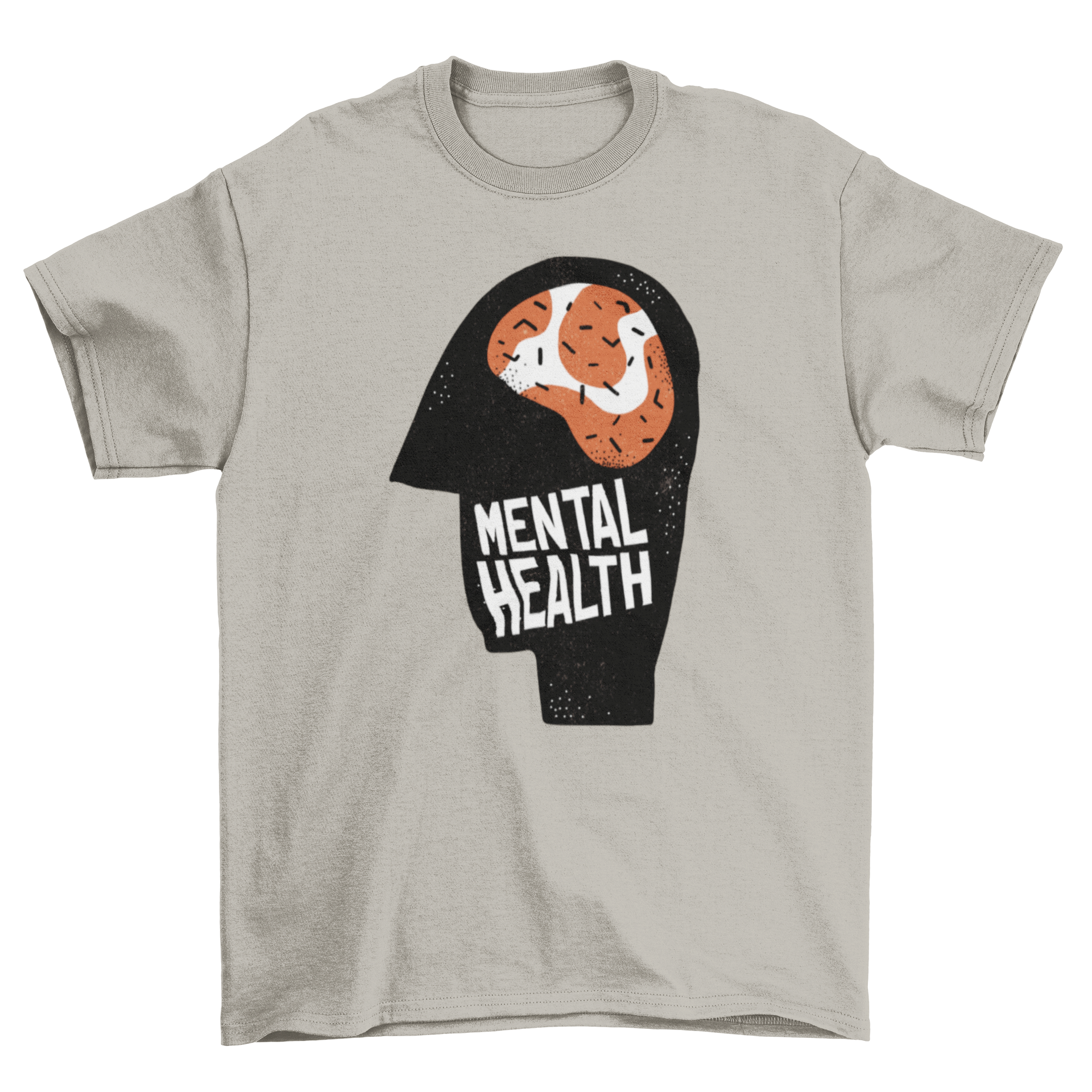 Mental health awareness t-shirt featuring a brain illustration in a head silhouette with the caption 'Mental Health'.