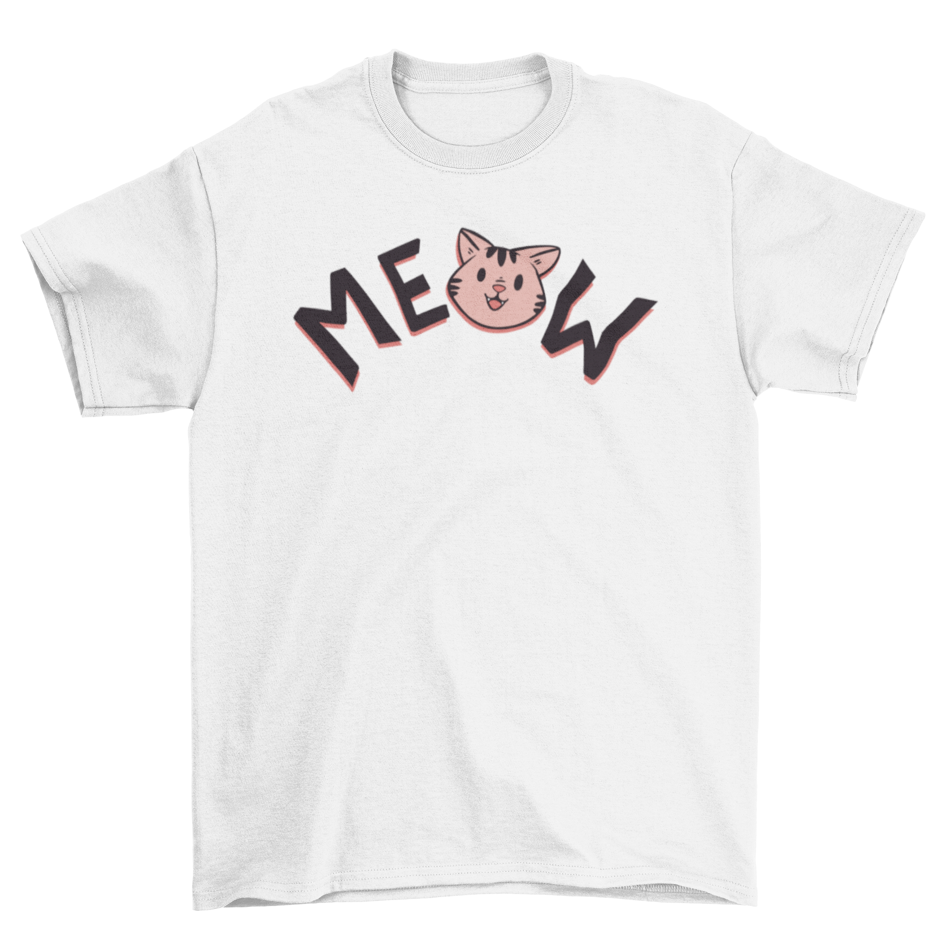 Cute t-shirt design featuring the word 'Meow' with a kitten face replacing the letter 'O'.