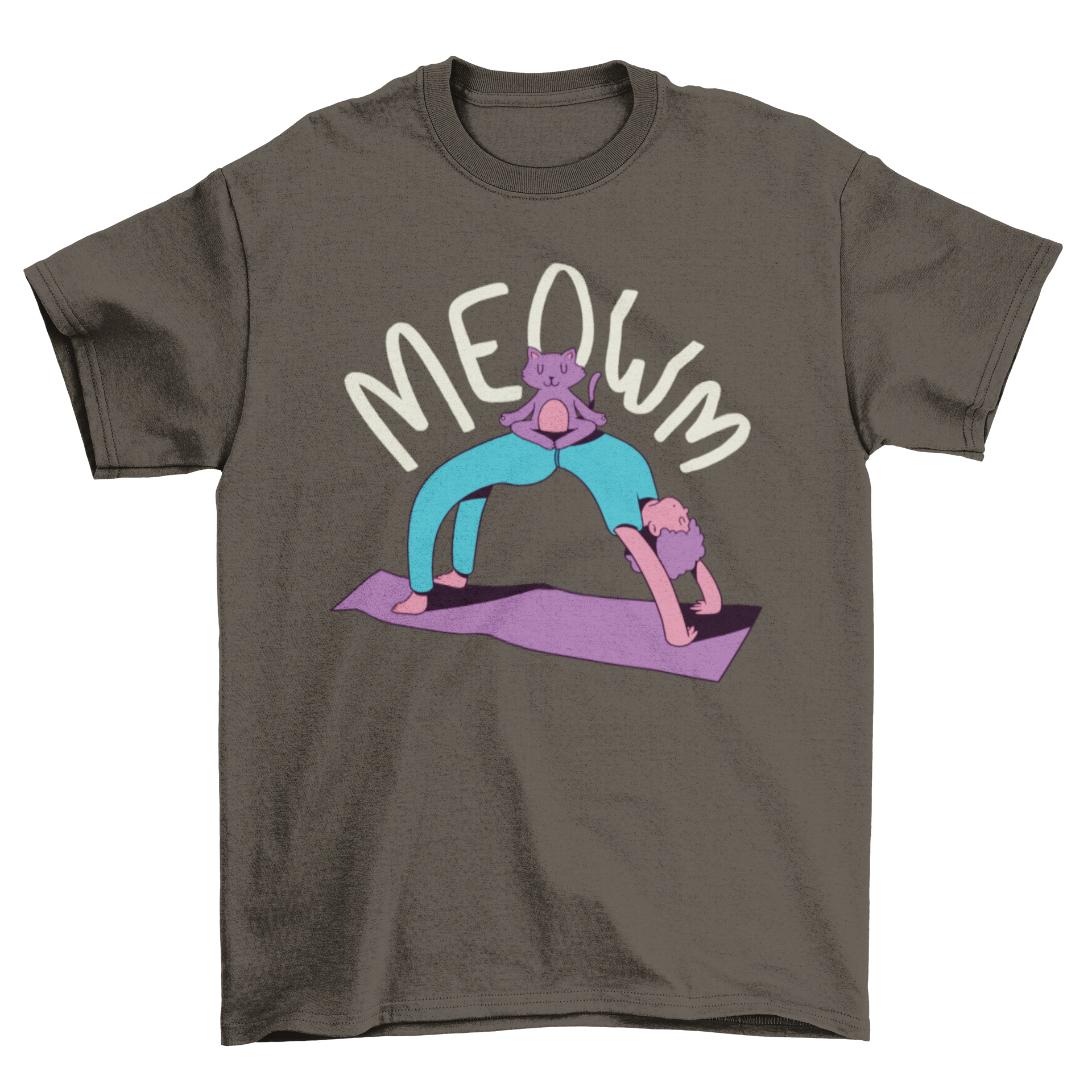 A cute Meow yoga t-shirt featuring a woman practicing yoga with her cat, showcasing a playful and serene design.