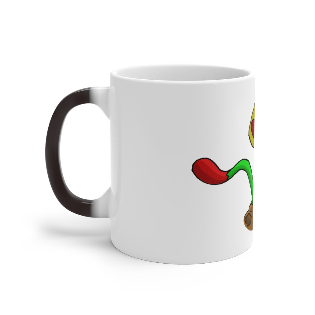 Mepamash Color Changing Mug showcasing vibrant colors when filled with a hot beverage, featuring a white ceramic design and C-handle.