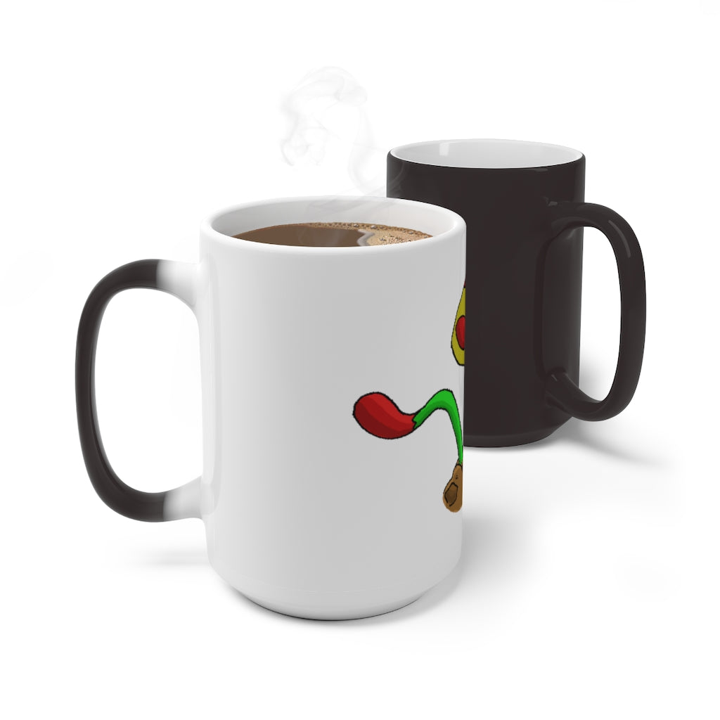 Mepamash Color Changing Mug showcasing vibrant colors when filled with a hot beverage, featuring a white ceramic design and C-handle.