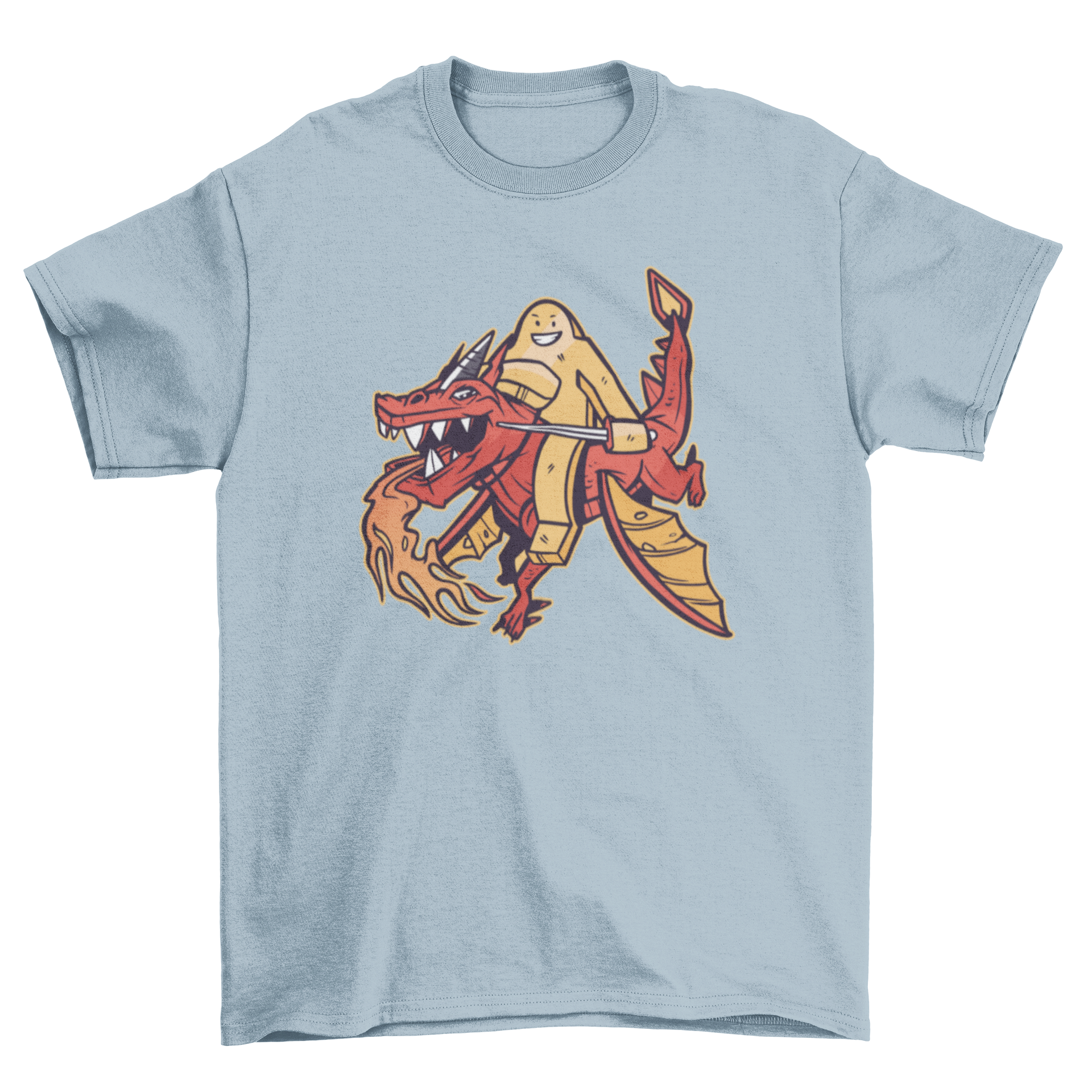 Meeple Dragon T-Shirt featuring a colorful illustration of a meeple riding a dragon, perfect for board game enthusiasts.