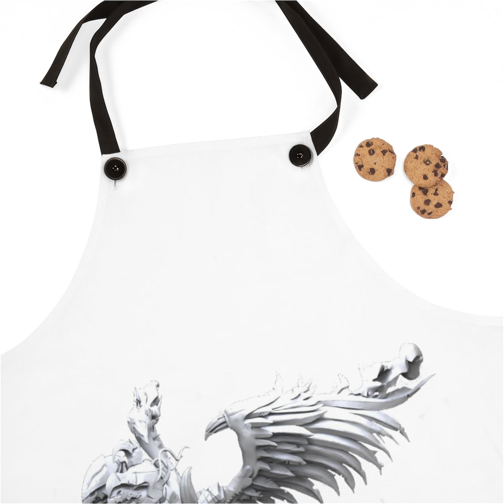 Merciless Flaming SkyBird Apron featuring vibrant design and black detachable twill straps, perfect for cooking.