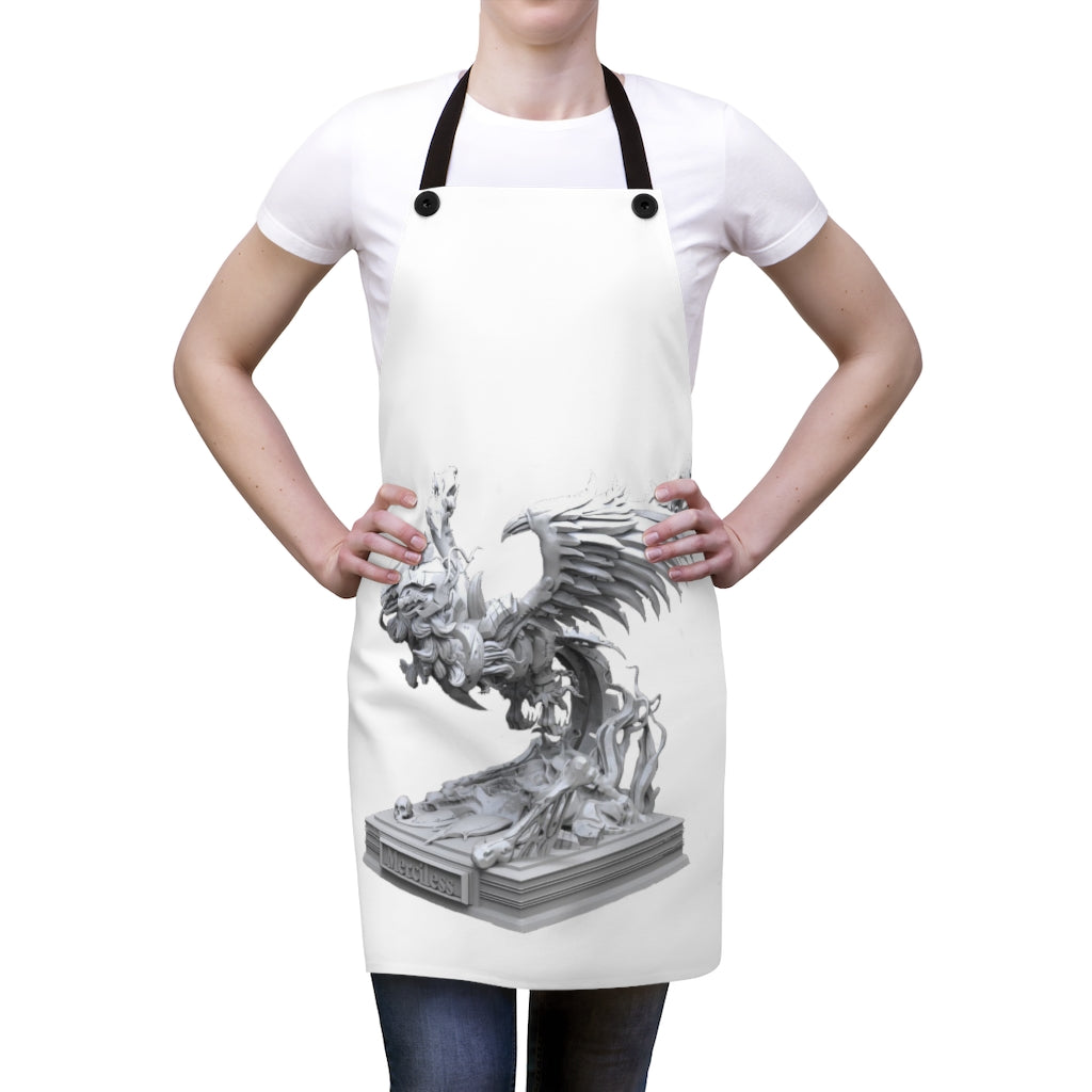 Merciless Flaming SkyBird Apron featuring vibrant design and black detachable twill straps, perfect for cooking.