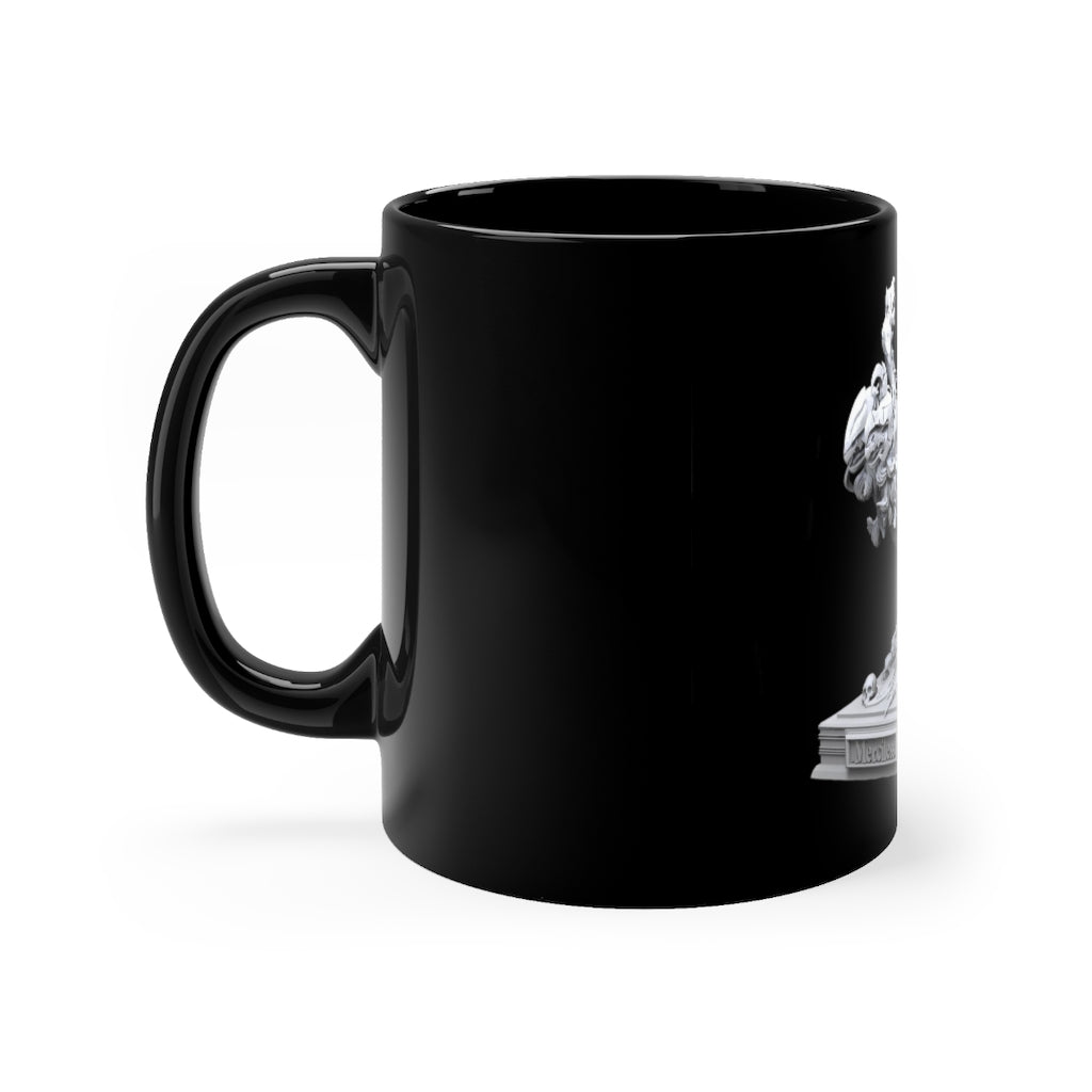 Merciless the Flaming SkyBird black mug, 11oz capacity, featuring a full-wrap design and a comfortable C-handle.