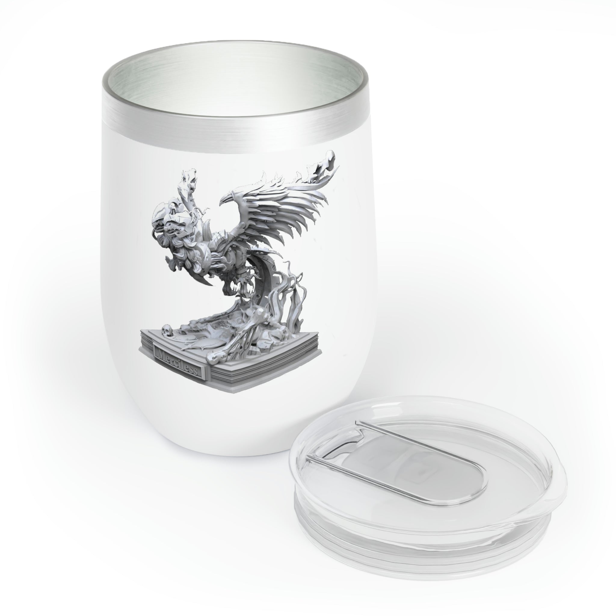 Merciless the Flaming SkyBird Chill Wine Tumbler in stainless steel with a vibrant flaming sky design, perfect for wine lovers.