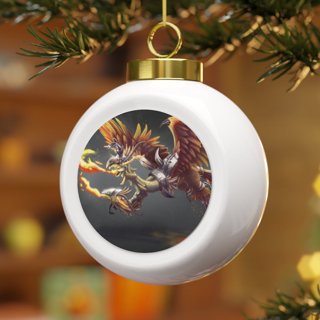 Merciless the Flaming SkyBird Christmas Ball Ornament with glossy finish and gold ribbon, featuring vintage style and customizable metal insert.