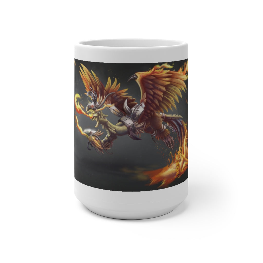 Merciless the Flaming SkyBird Color Changing Mug showcasing vibrant colors and a sleek design, perfect for warm beverages.