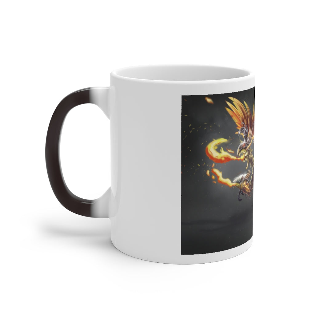 Merciless the Flaming SkyBird Color Changing Mug showcasing vibrant colors and a sleek design, perfect for warm beverages.