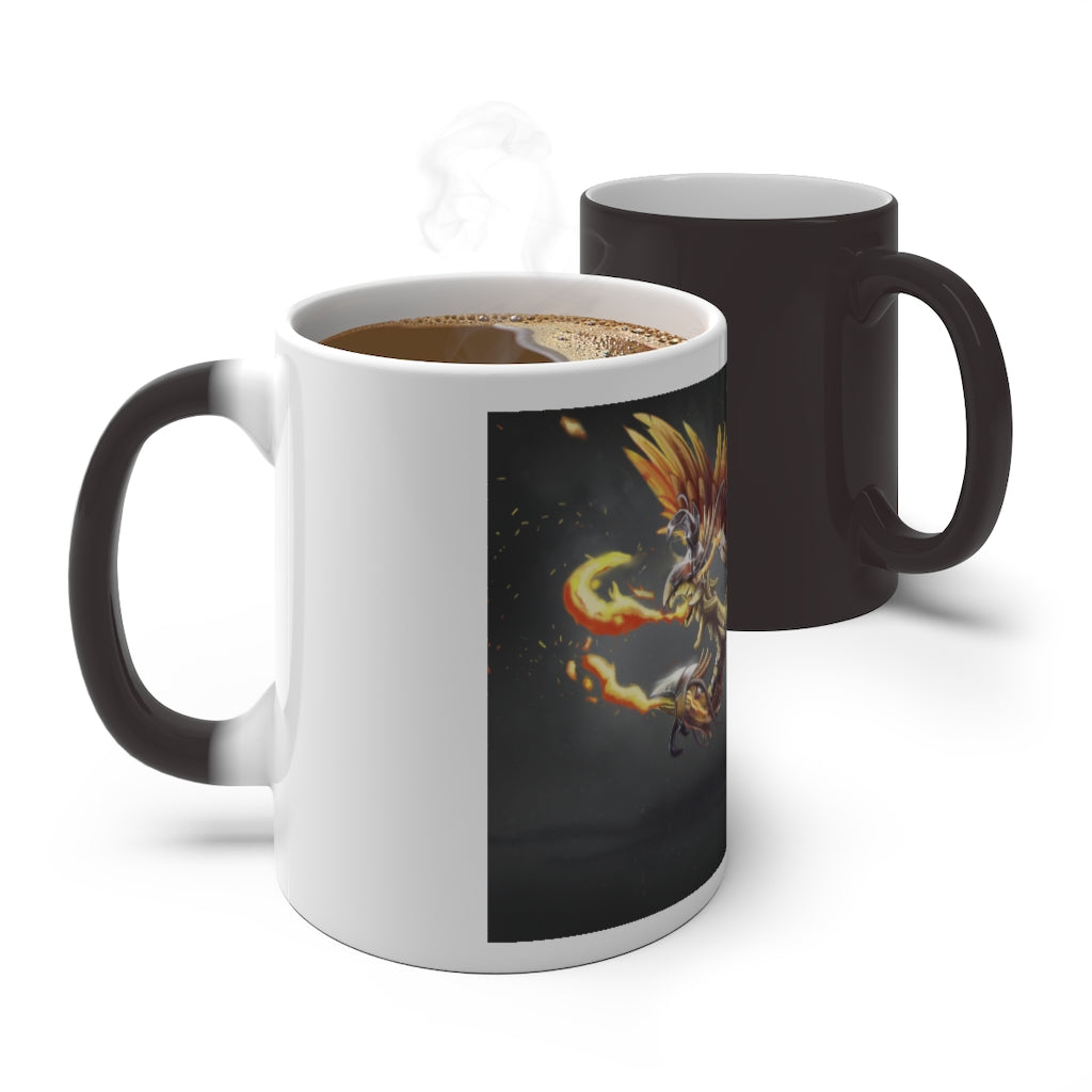 Merciless the Flaming SkyBird Color Changing Mug showcasing vibrant colors and a sleek design, perfect for warm beverages.