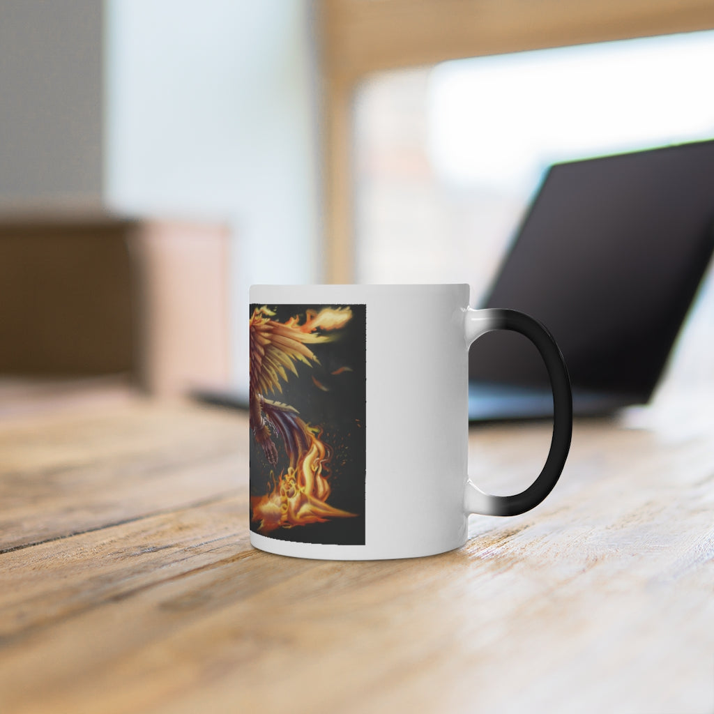 Merciless the Flaming SkyBird Color Changing Mug showcasing vibrant colors and a sleek design, perfect for warm beverages.