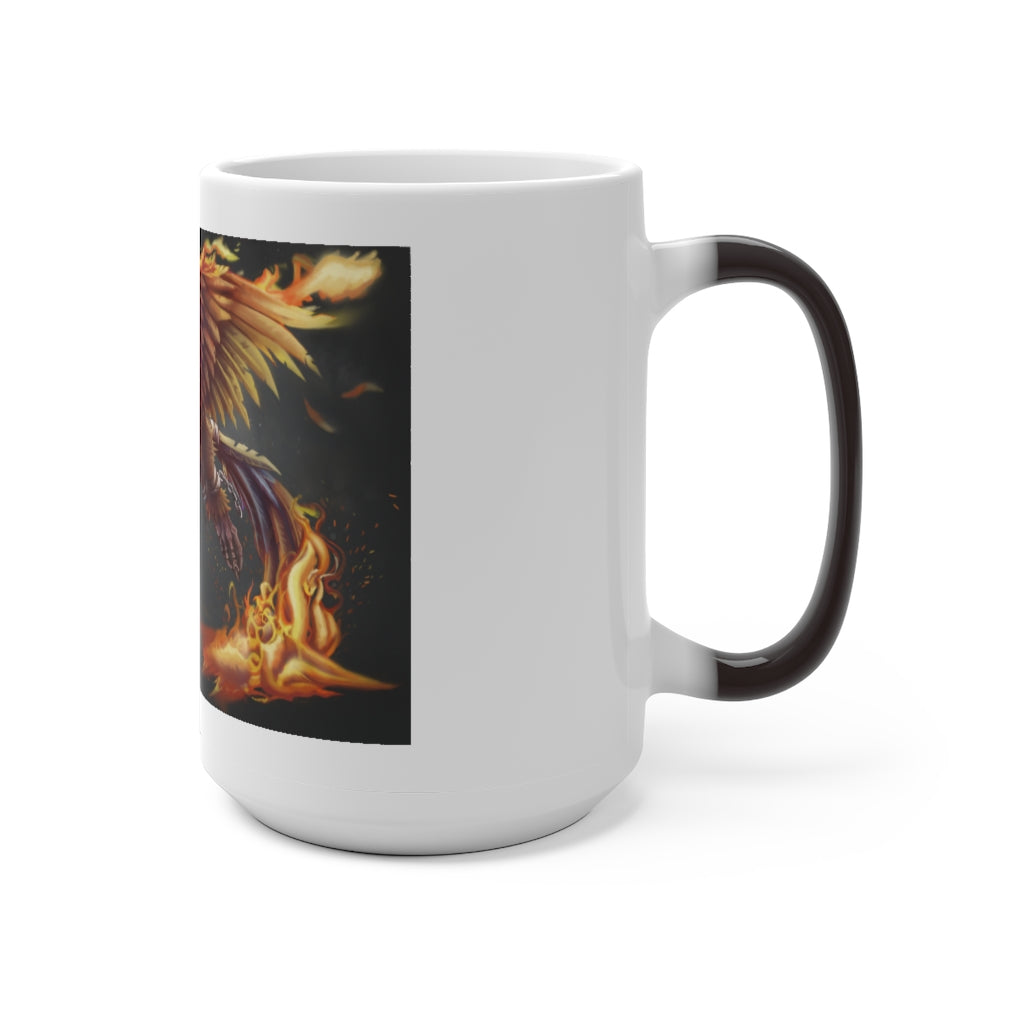 Merciless the Flaming SkyBird Color Changing Mug showcasing vibrant colors and a sleek design, perfect for warm beverages.