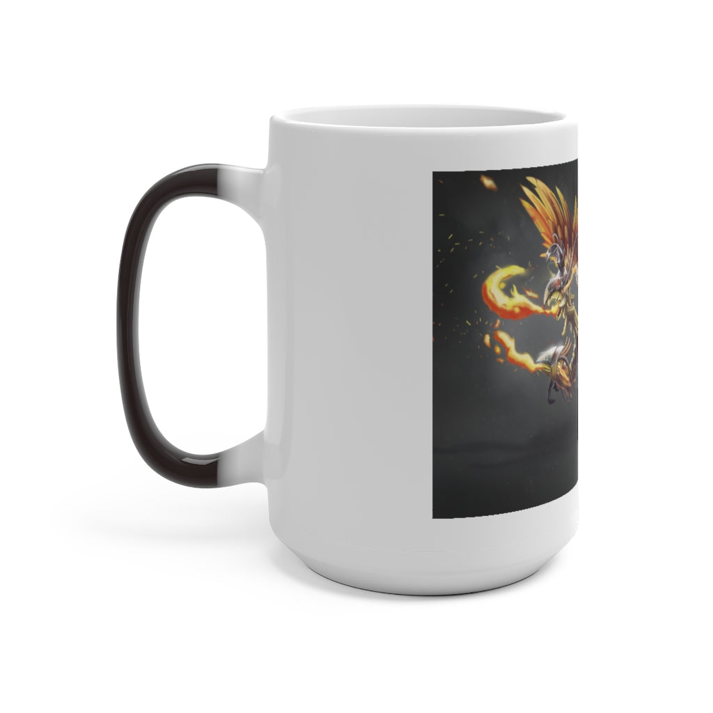 Merciless the Flaming SkyBird Color Changing Mug showcasing vibrant colors and a sleek design, perfect for warm beverages.