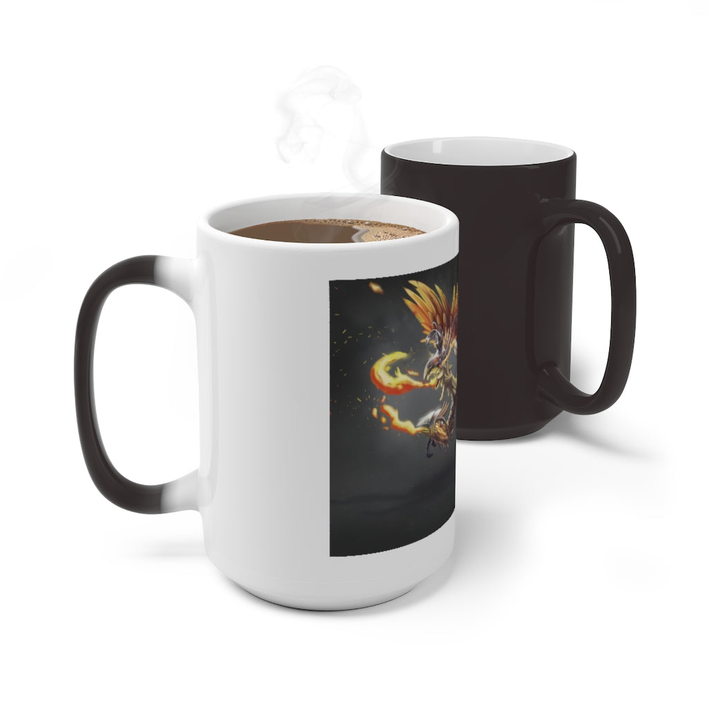 Merciless the Flaming SkyBird Color Changing Mug showcasing vibrant colors and a sleek design, perfect for warm beverages.