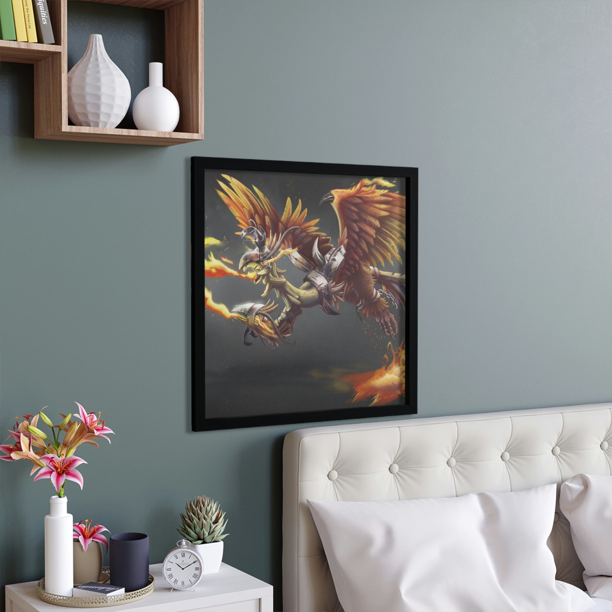 Merciless the Flaming SkyBird framed poster with vibrant colors and a hand-crafted wooden frame, ready for hanging.