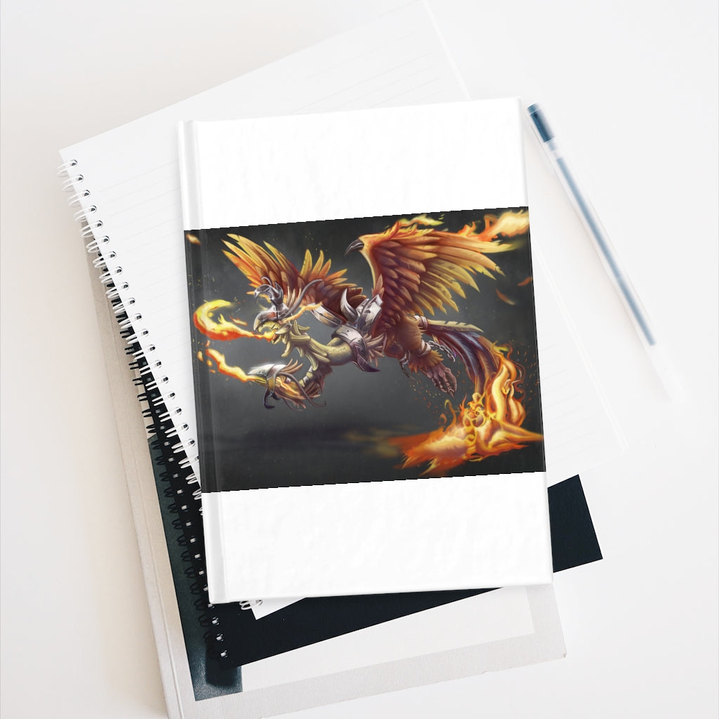 Merciless the Flaming SkyBird Journal featuring a vibrant wraparound print and ruled line pages, perfect for serious journaling.