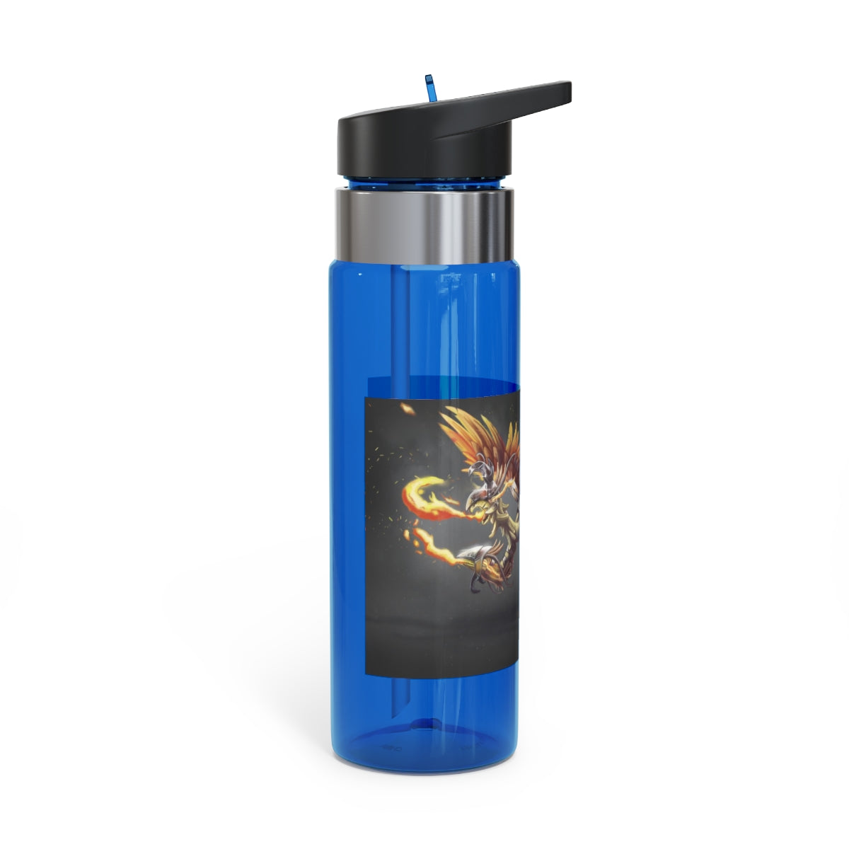 Merciless the Flaming SkyBird Kensington Tritan™ Sport Bottle in vibrant colors, featuring a screw-on lid, straw, and carabiner hook for easy carrying.