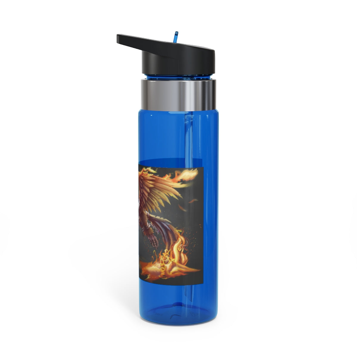 Merciless the Flaming SkyBird Kensington Tritan™ Sport Bottle in vibrant colors, featuring a screw-on lid, straw, and carabiner hook for easy carrying.