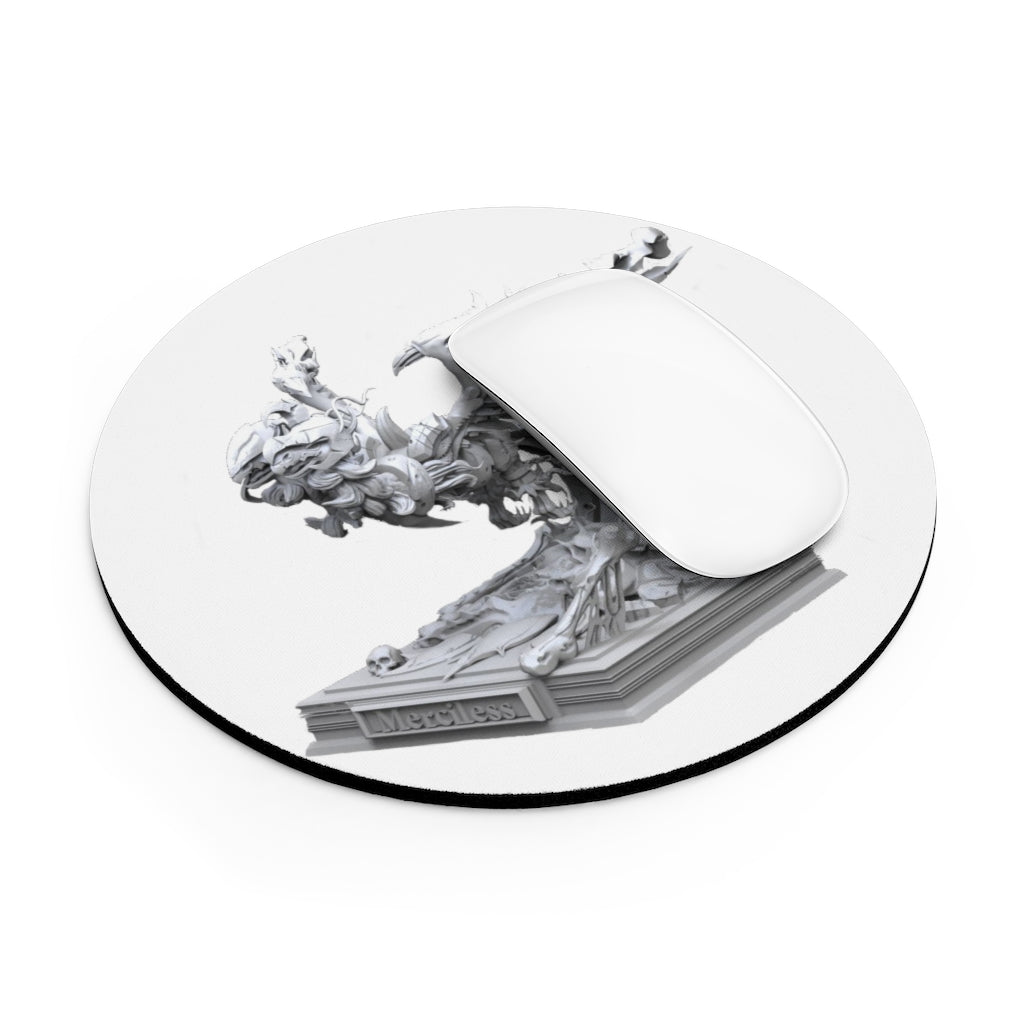 Merciless Flaming SkyBird Mouse Pad featuring vibrant colors and a non-slip rubber base, available in round and rectangular shapes.