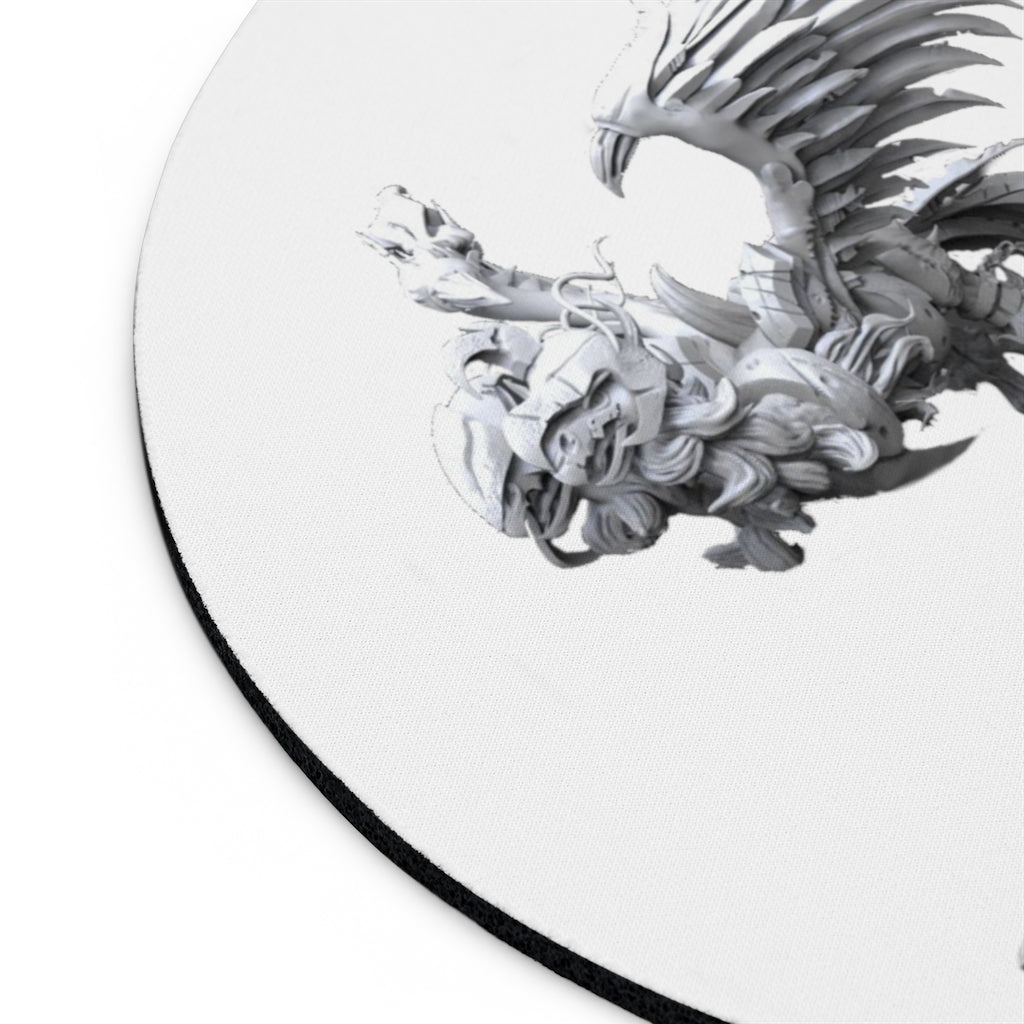 Merciless Flaming SkyBird Mouse Pad featuring vibrant colors and a non-slip rubber base, available in round and rectangular shapes.