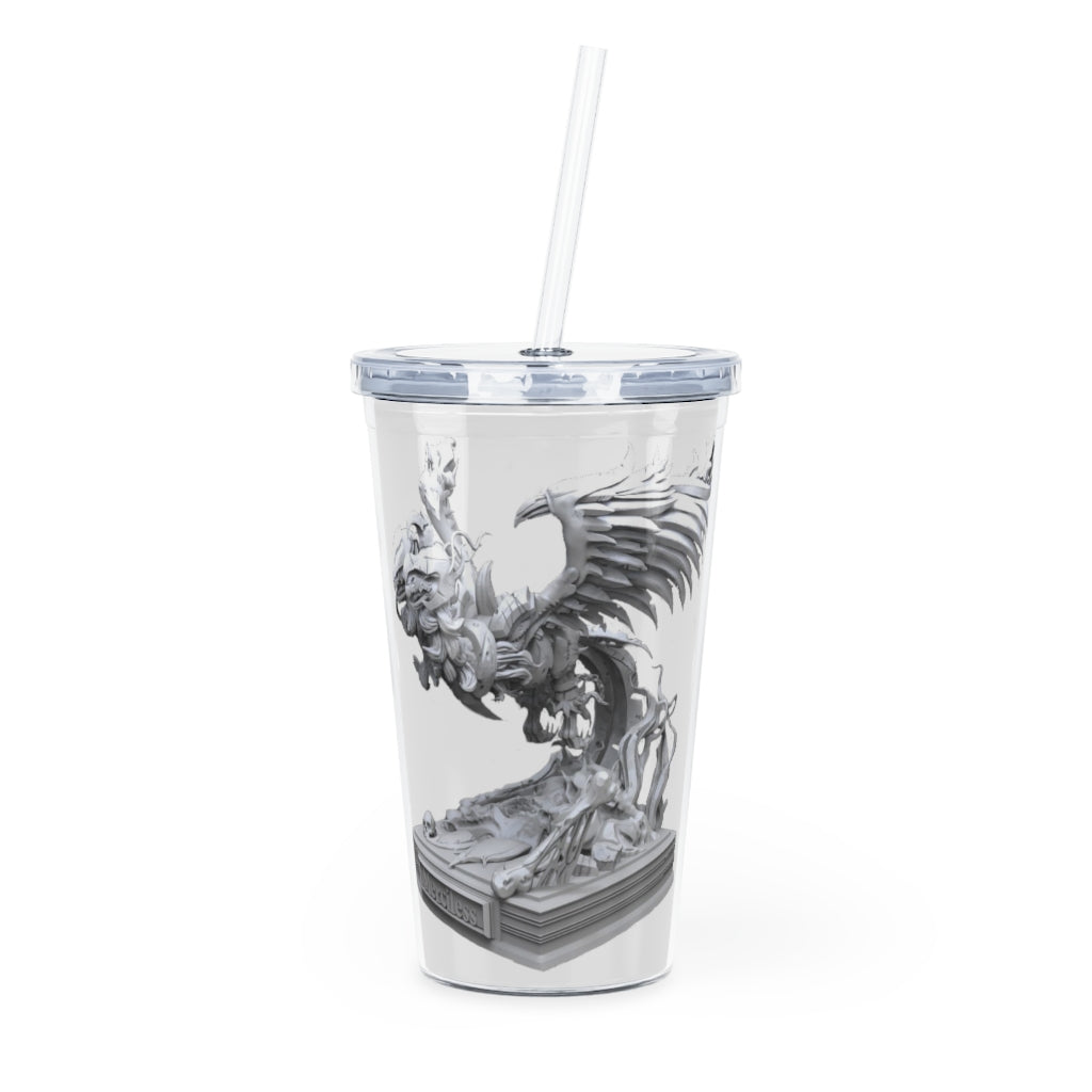 Merciless the Flaming SkyBird Plastic Tumbler with Straw, featuring a vibrant design and double wall insulation.