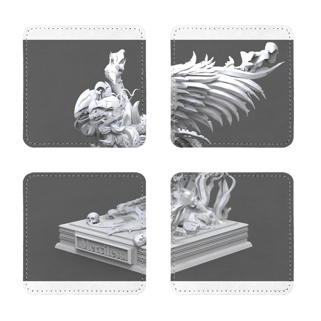 Pack of four PU leather coasters featuring a stylish design with white stitching, heat resistant and waterproof, ideal for protecting furniture.