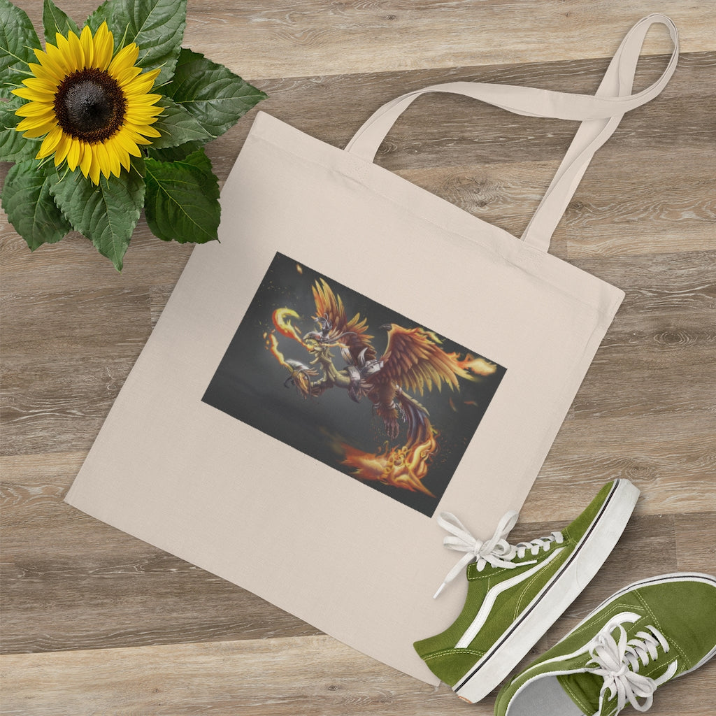 Merciless Flaming SkyBird Tote Bag featuring vibrant colors and long handles, made from 100% cotton fabric.