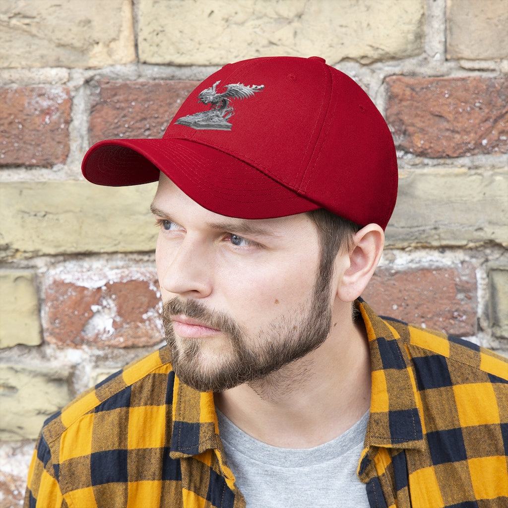 Merciless the Flaming SkyBird Unisex Twill Hat showcasing a classic 6-panel design in a vibrant color, perfect for outdoor activities.