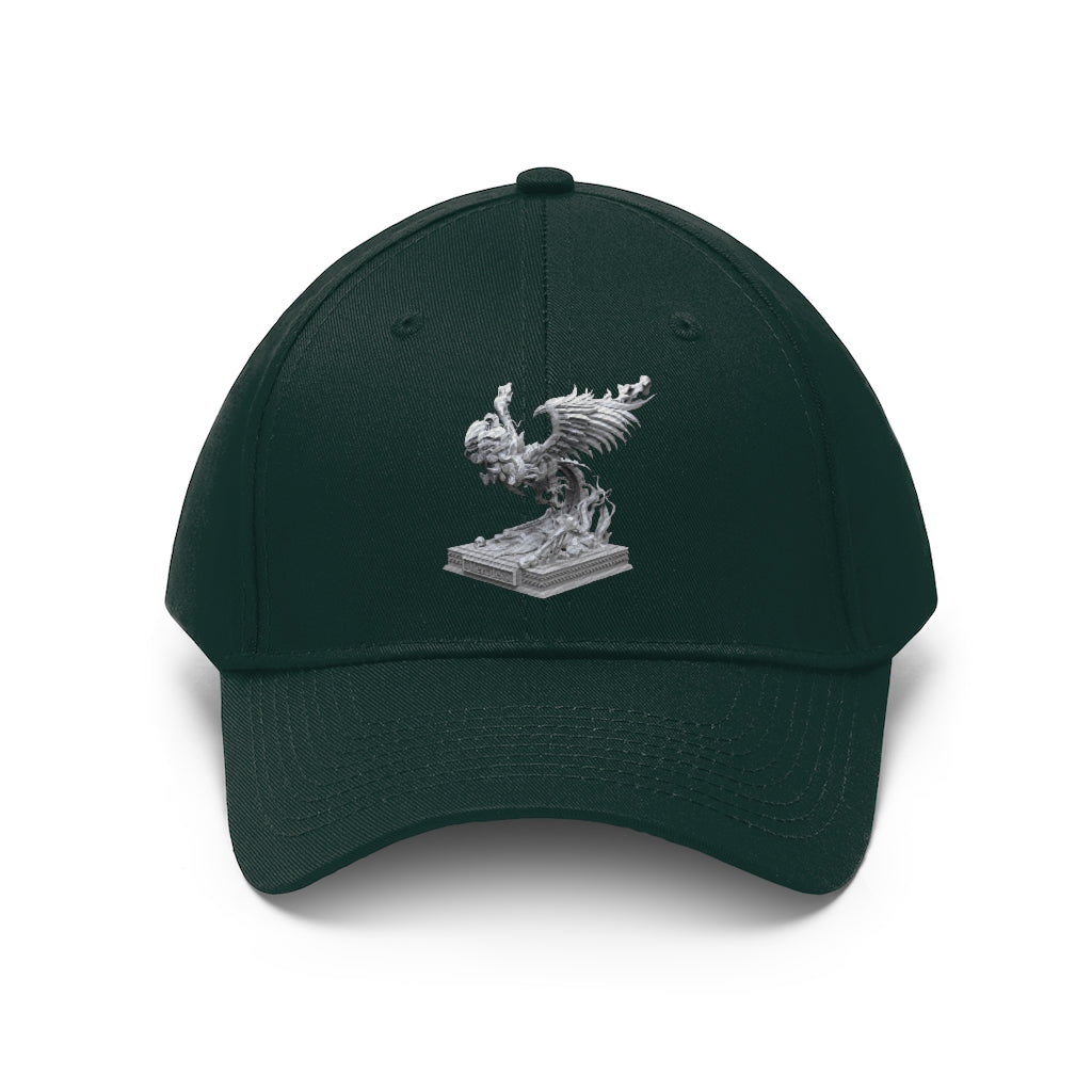 Merciless the Flaming SkyBird Unisex Twill Hat showcasing a classic 6-panel design in a vibrant color, perfect for outdoor activities.