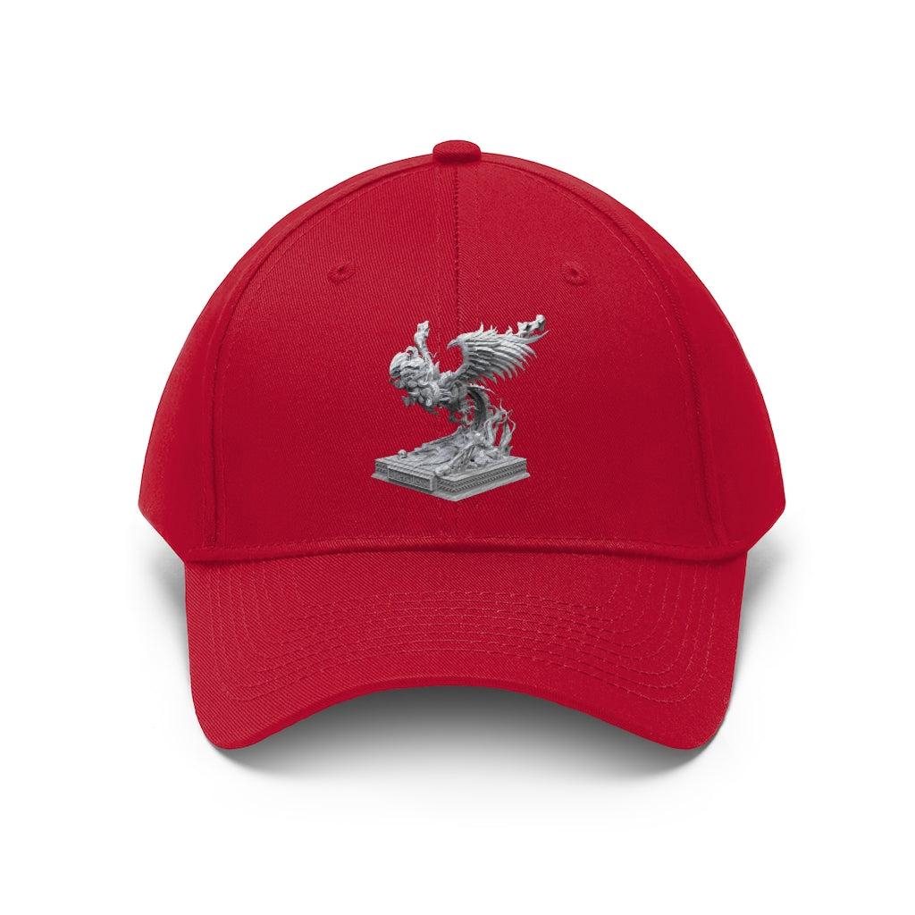 Merciless the Flaming SkyBird Unisex Twill Hat showcasing a classic 6-panel design in a vibrant color, perfect for outdoor activities.