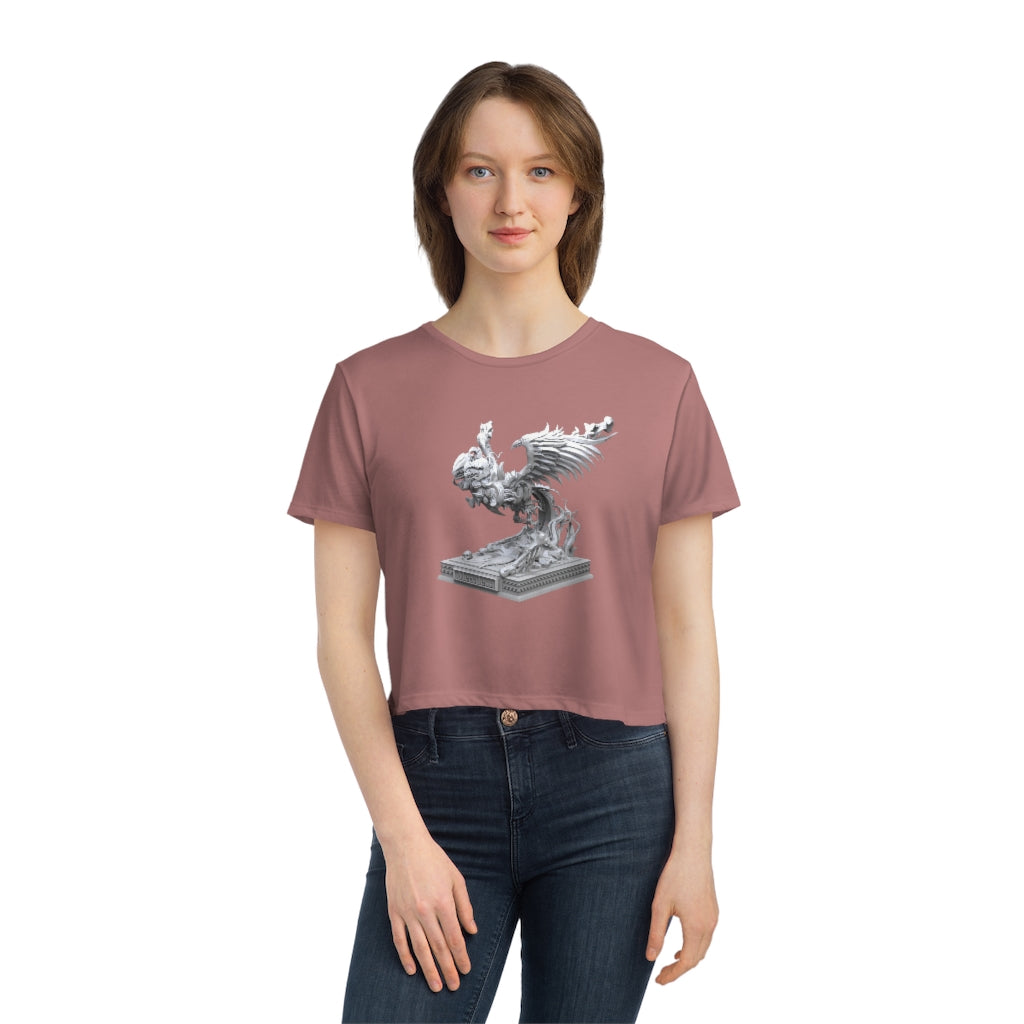 Merciless Flaming SkyBird Women's Flowy Cropped Tee in a stylish design, showcasing its lightweight fabric and flowy fit.