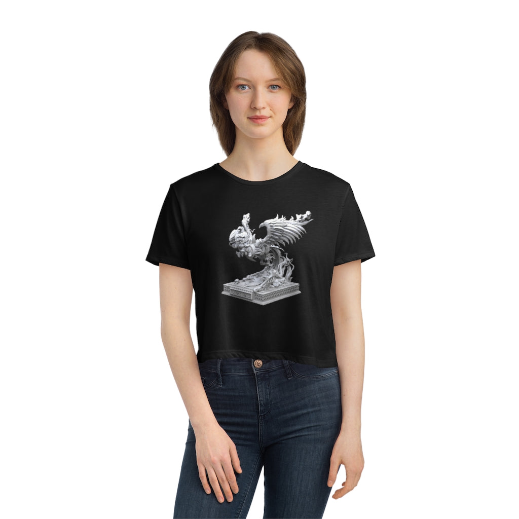 Merciless Flaming SkyBird Women's Flowy Cropped Tee in a stylish design, showcasing its lightweight fabric and flowy fit.