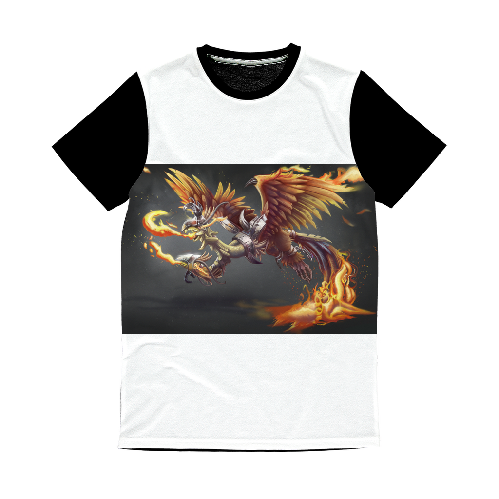 MercilessPheonix Classic Sublimation Panel T-Shirt featuring a vibrant front design and a plain black back, ideal for custom printing.