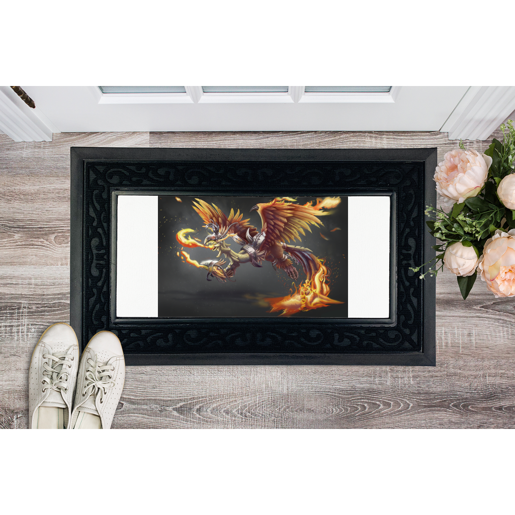 MercilessPheonix Sublimation Heavy Duty Door Mat with rubber base and fabric brush border, featuring a customizable printable center.