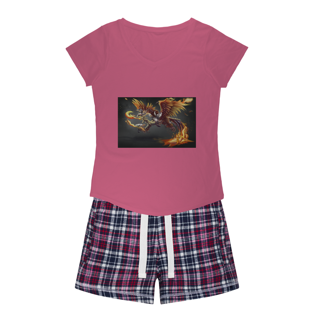 Women's Sleepy Tee and Flannel Short set featuring a relaxed fit tee with v-neckline and colorful flannel shorts, perfect for cozy nights.