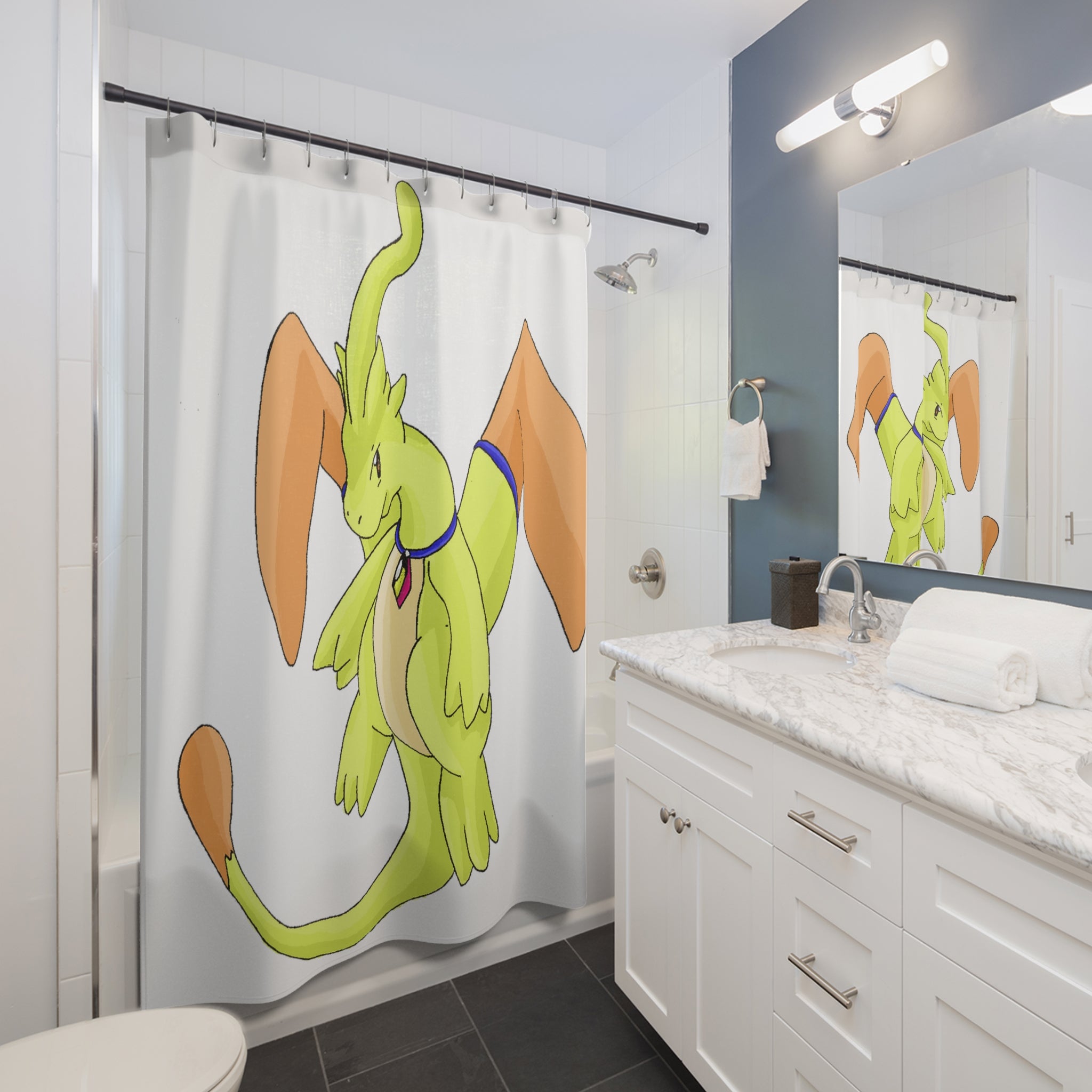 Mergilender Shower Curtain featuring vibrant custom designs on durable polyester fabric, ideal for enhancing bathroom decor.