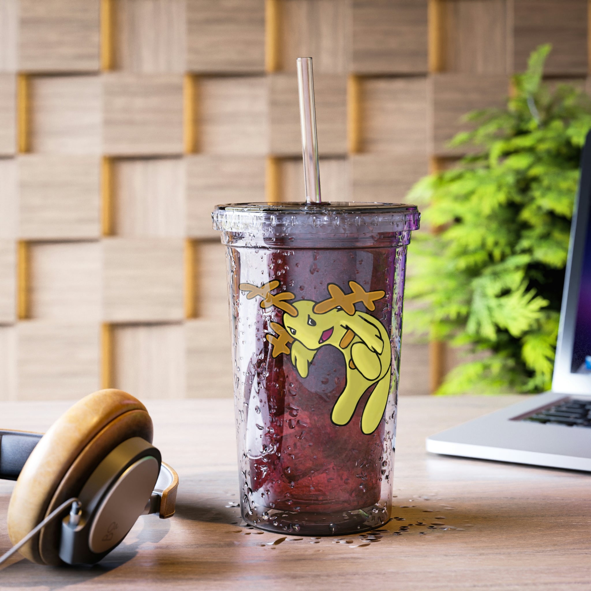 Mergilender Suave Acrylic Cup with double-wall insulation, featuring a vibrant custom design and a plastic lid with a straw.