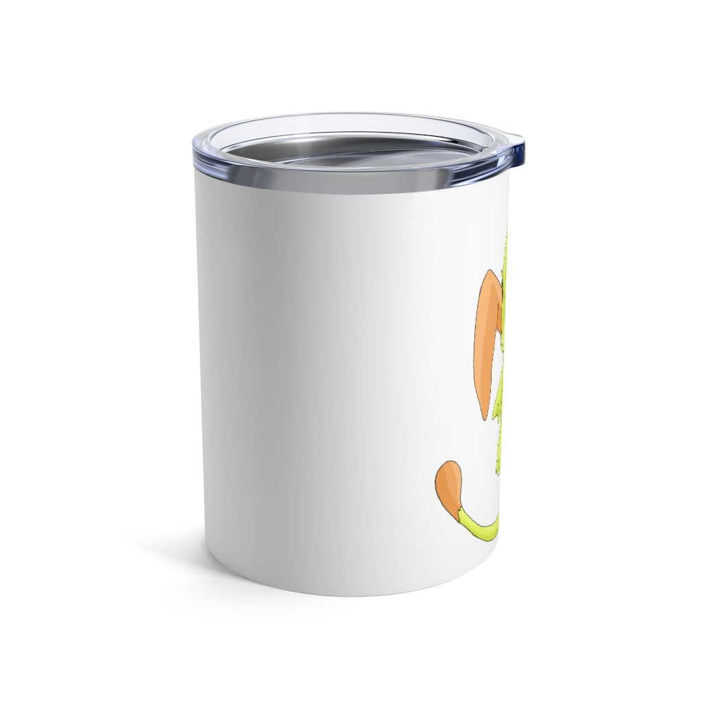 Mergilender Tumbler 10oz in stainless steel with a see-thru plastic lid, showcasing its sleek design and rounded corners.