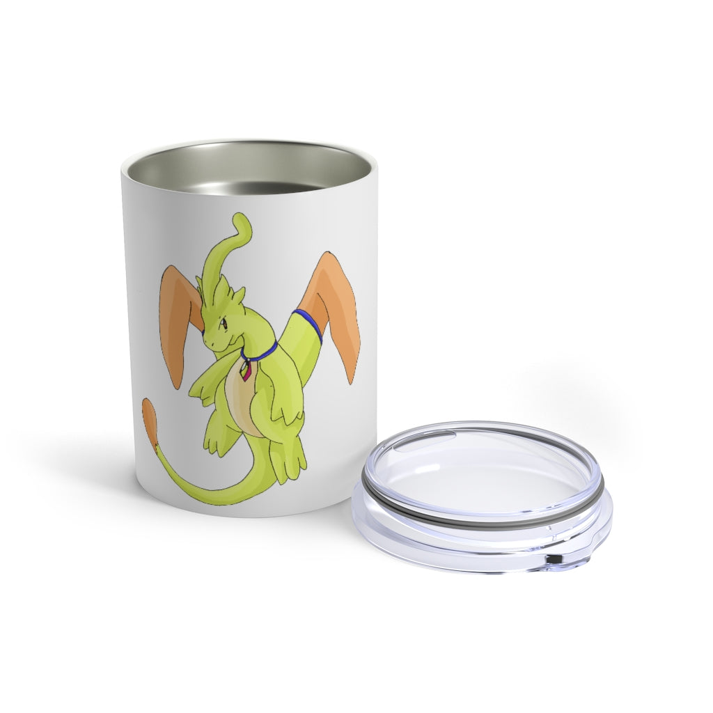 Mergilender Tumbler 10oz in stainless steel with a see-thru plastic lid, showcasing its sleek design and rounded corners.