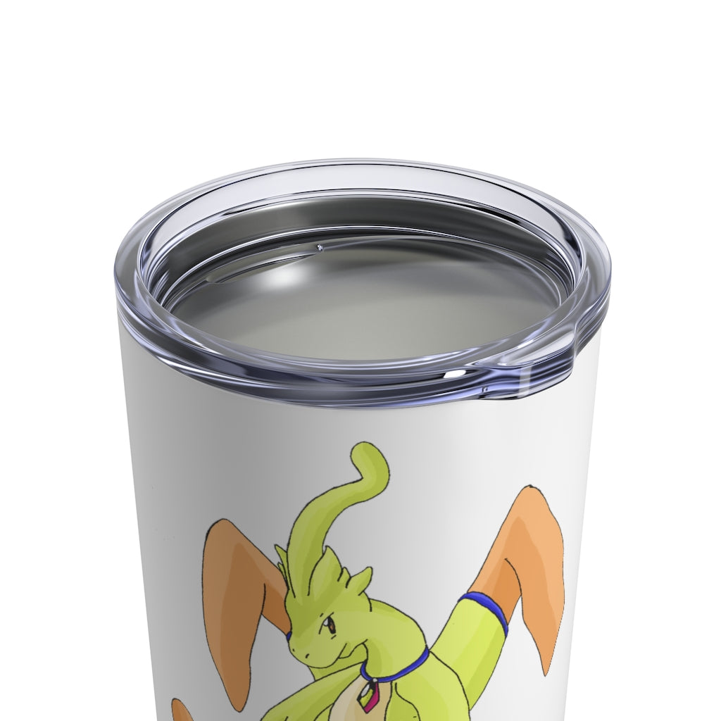 Mergilender Tumbler 10oz in stainless steel with a see-thru plastic lid, showcasing its sleek design and rounded corners.