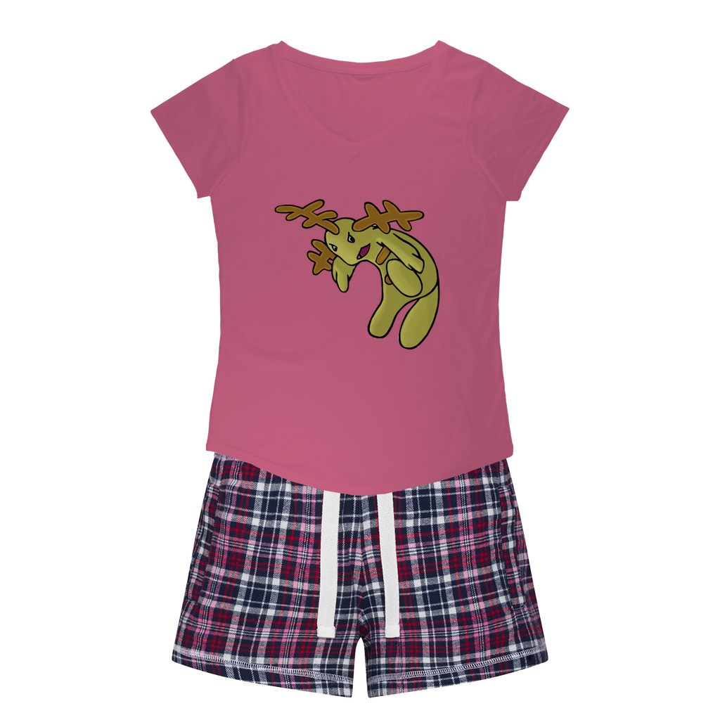 Mergilender Women's Sleepy Tee and Flannel Short set featuring a relaxed fit T-shirt and colorful flannel shorts, perfect for cozy nights.