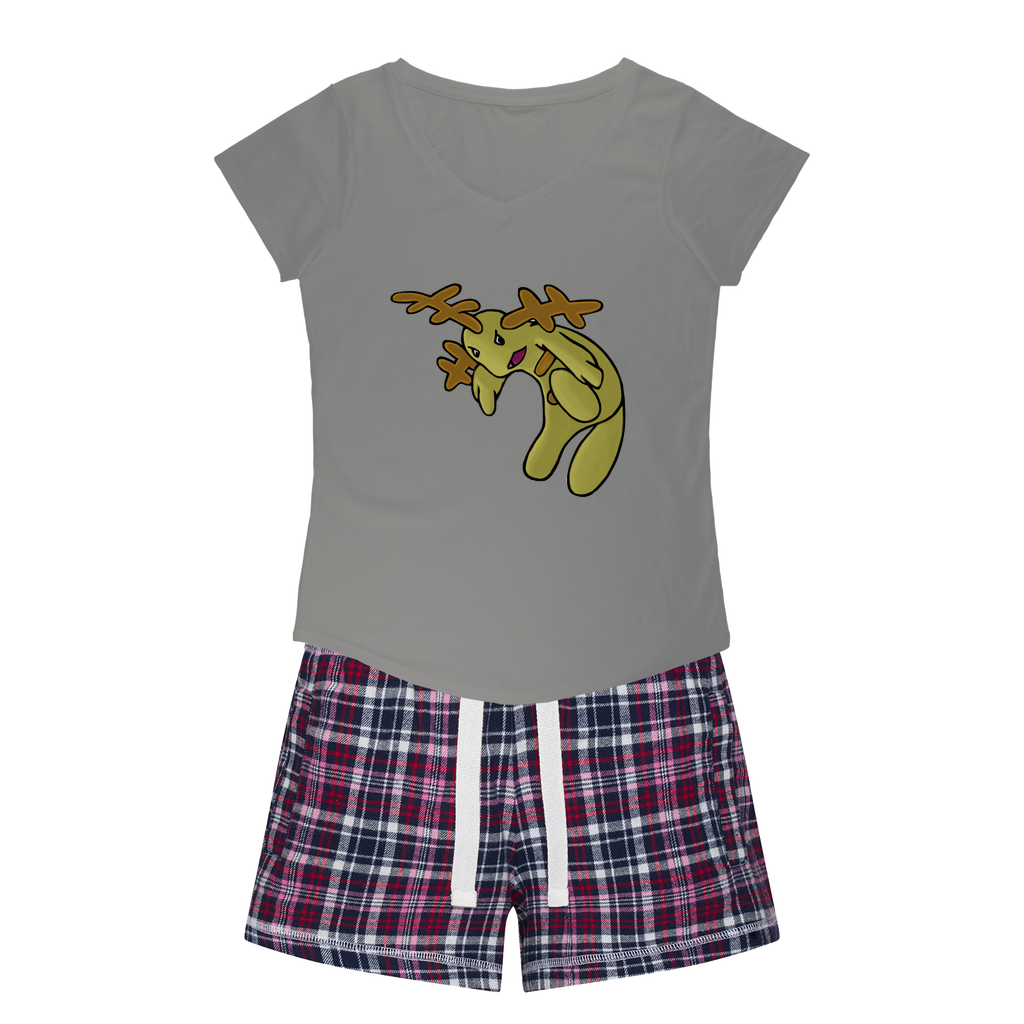 Mergilender Women's Sleepy Tee and Flannel Short set featuring a relaxed fit T-shirt and colorful flannel shorts, perfect for cozy nights.