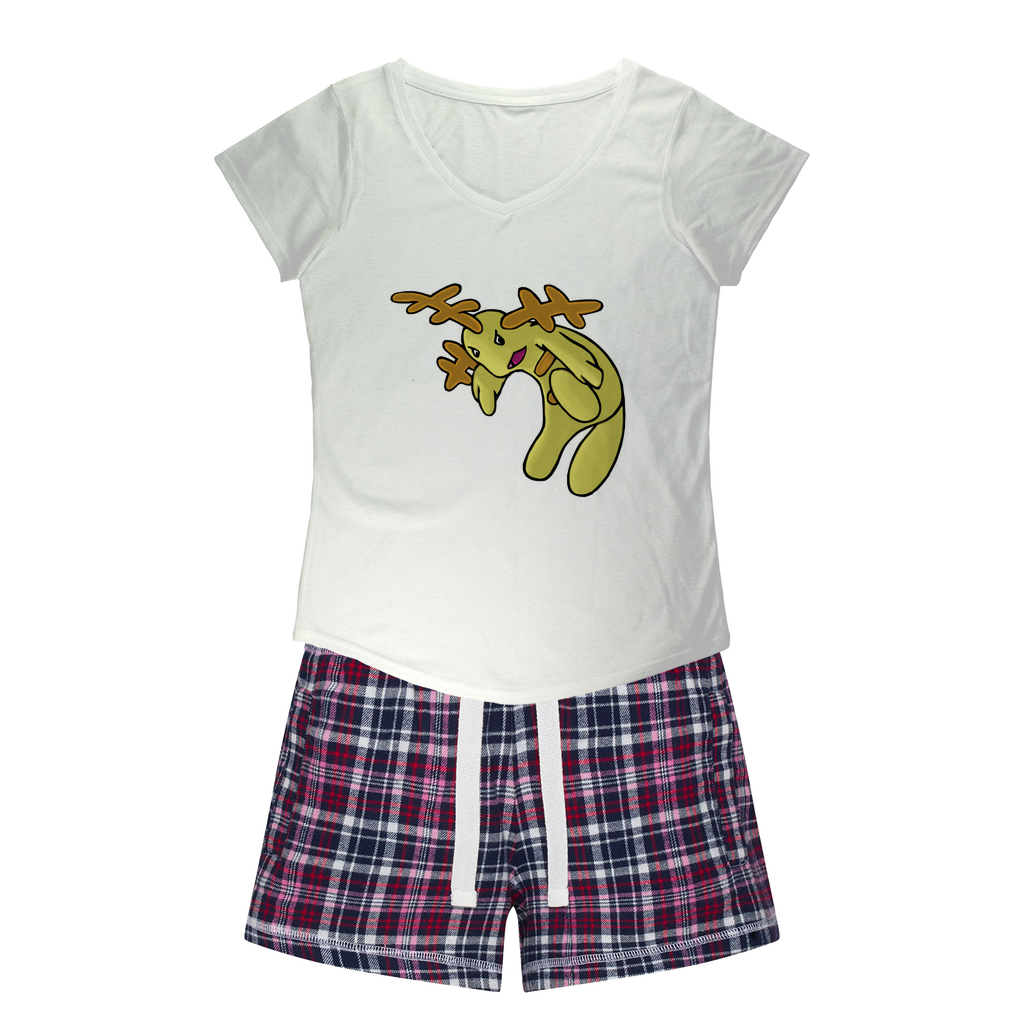 Mergilender Women's Sleepy Tee and Flannel Short set featuring a relaxed fit T-shirt and colorful flannel shorts, perfect for cozy nights.