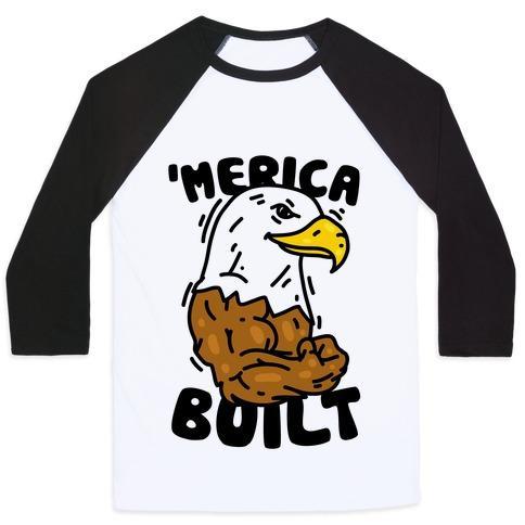 MERICA BUILT Unisex Classic Baseball Tee featuring contrasting color sleeves and crew neck, made from soft cotton and polyester blend.