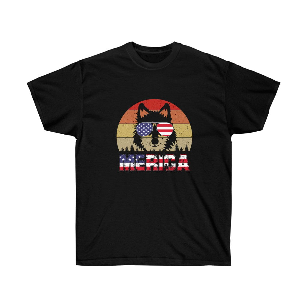 Merica Dog America Patriotic T-Shirt featuring a vibrant vinyl print, made from 100% soft cotton, designed for dog lovers and patriotic occasions.