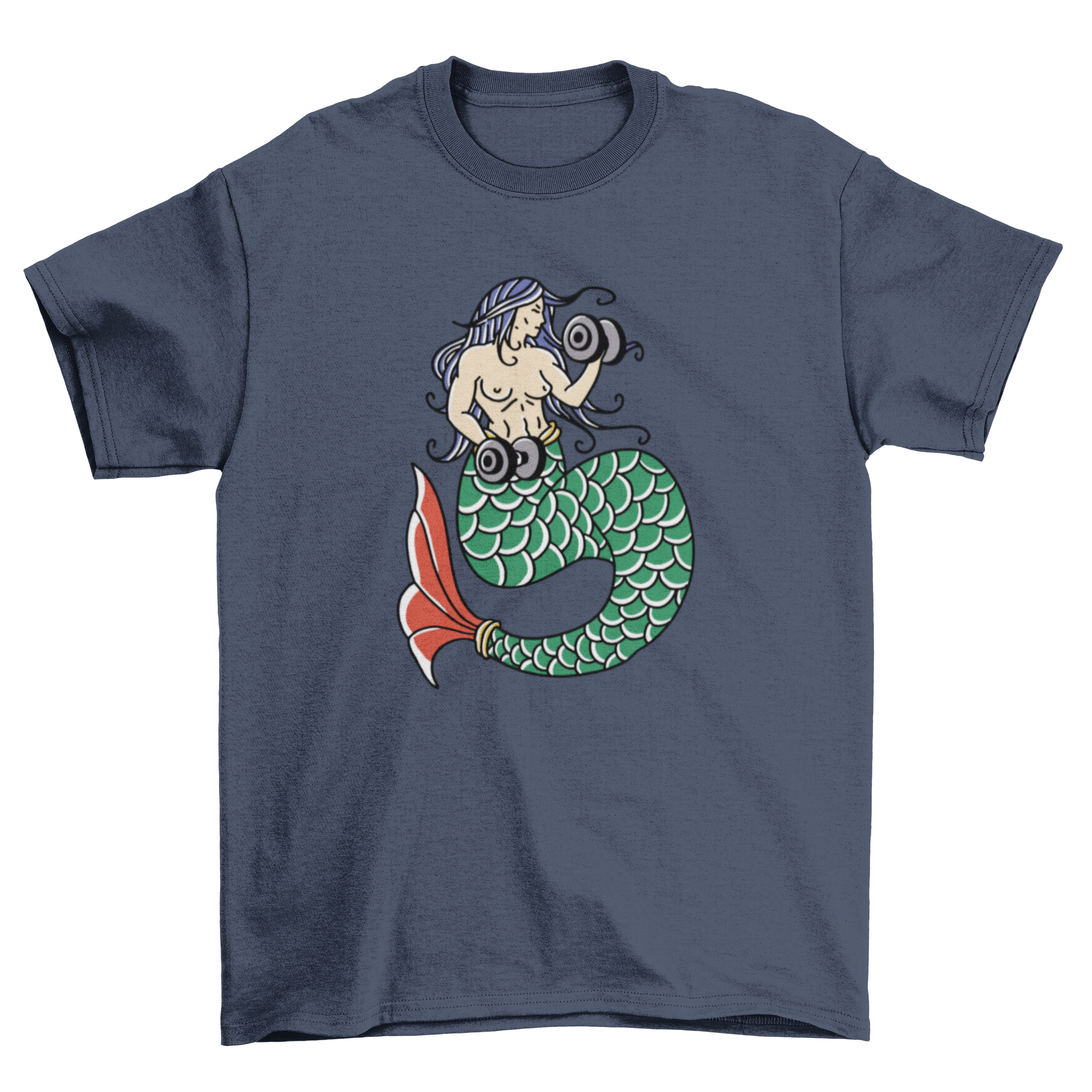 A vibrant t-shirt featuring a mermaid lifting weights, showcasing a blend of fitness and fantasy.