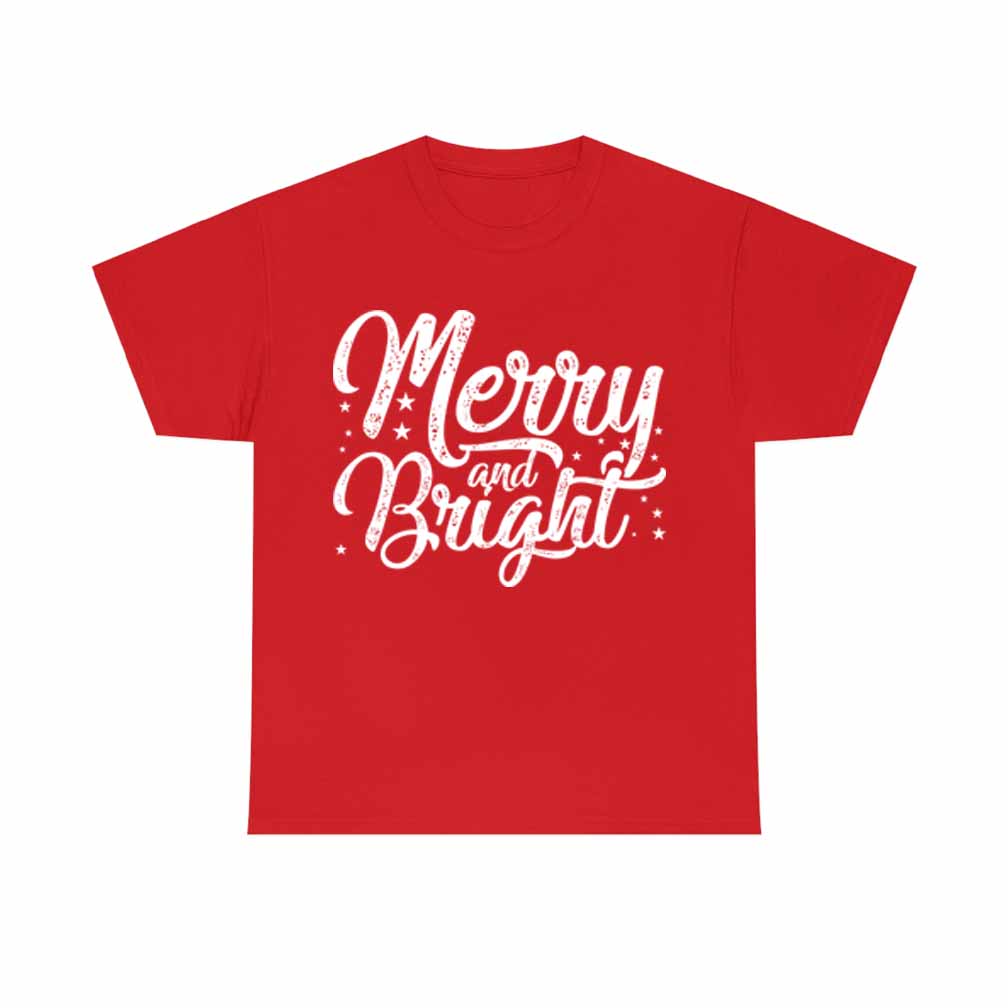 Merry and Bright Christmas T-shirt featuring a festive design, made from 100% soft cotton, suitable for all genders.